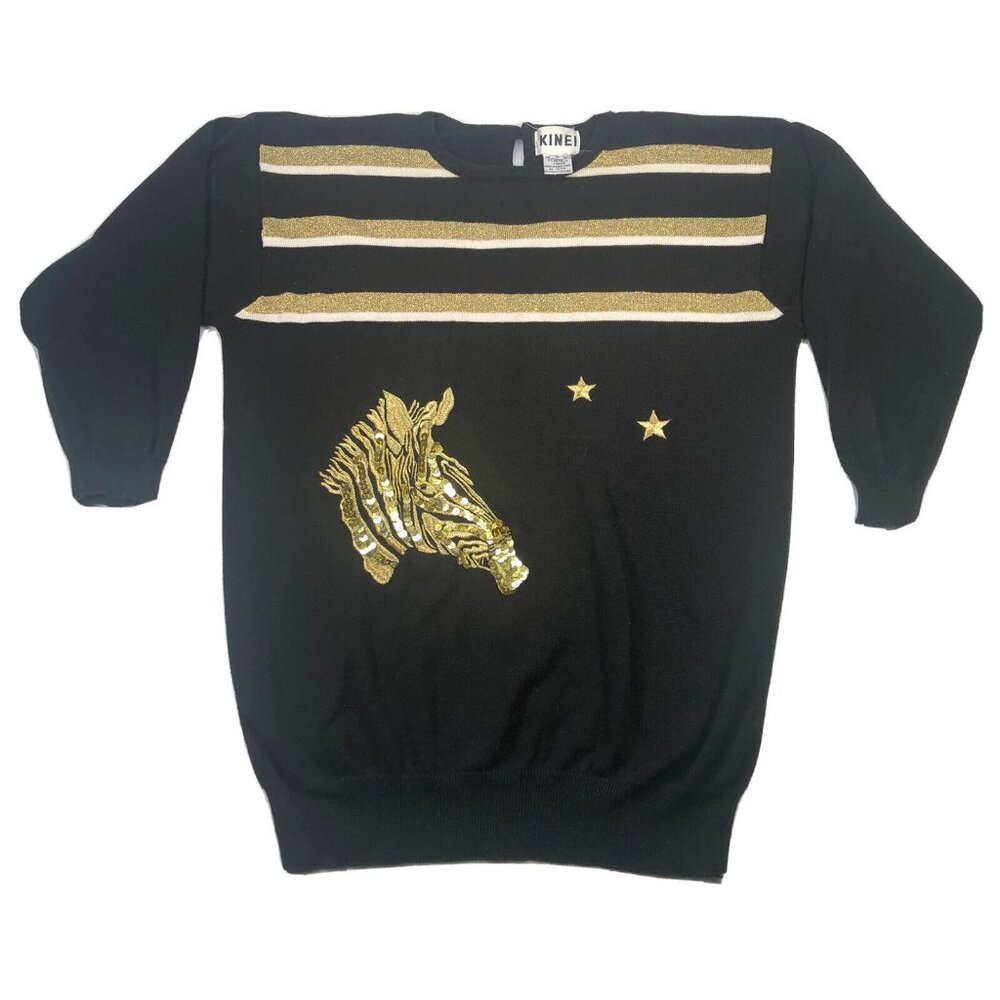 Vintage Black Gold Embroidered Sequin Zebra Striped Sweater 3/4 Pullover Preppy